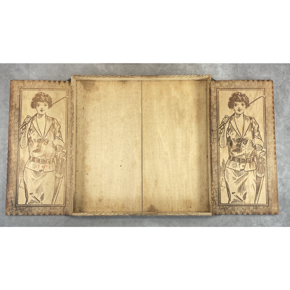 Vintage 1930s Platt-Maschek Lady Golfer Themed Wood Pyrography Handkerchief Box - Picture 9 of 12